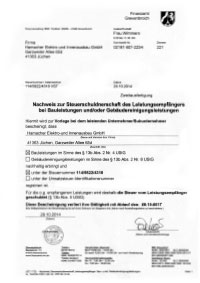 Nachweis zur Steuerschuldnerschaft des Leistungsempfängers bei Bauleistungen und/oder Gebäudereinigungsleistungen
